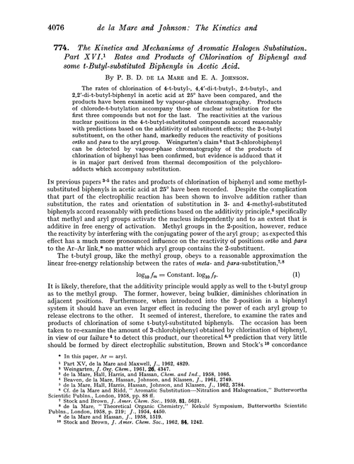 774. The kinetics and mechanisms of aromatic halogen substitution. Part XVI. Rates and products of chlorination of biphenyl and some t-butyl-substituted biphenyls in acetic acid