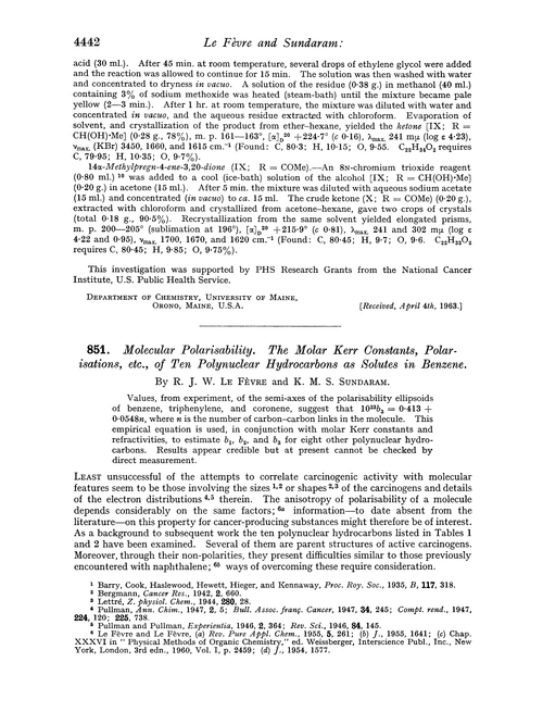 851. Molecular polarisability. The molar Kerr constants, polarisations, etc., of ten polynuclear hydrocarbons as solutes in benzene