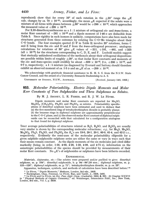 853. Molecular polarisability. Electric dipole moments and molar Kerr constants of two sulphoxides and three sulphones as solutes