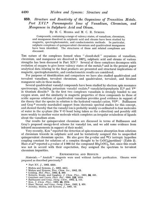 859. Structure and reactivity of the oxyanions of transition metals. Part XVI. Paramagnetic ions of vanadium, chromium, and manganese in sulphuric acid and oleum