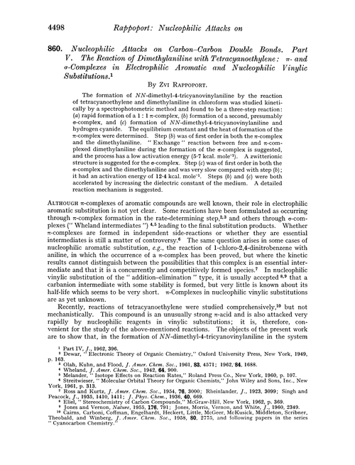 860. Nucleophilic attacks on carbon–carbon double bonds. Part V. The reaction of dimethylaniline with tetracyanoethylene: π- and σ-complexes in electrophilic aromatic and nucleophilic vinylic substitutions