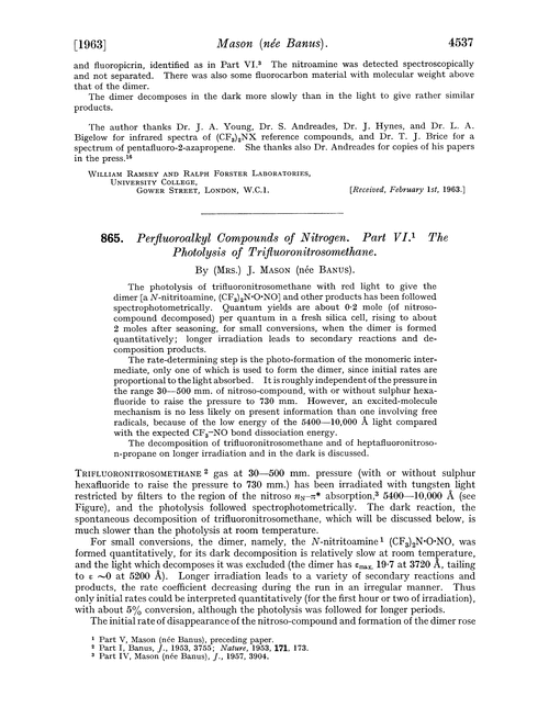 865. Perfluoroalkyl compounds of nitrogen. Part VI. The photolysis of trifluoronitrosomethane