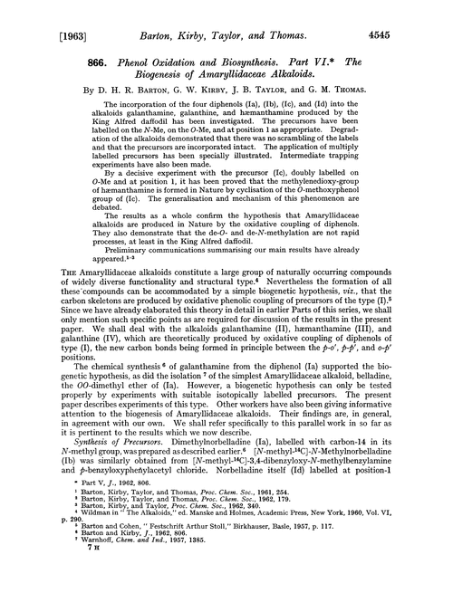 866. Phenol oxidation and biosynthesis. Part VI. The biogenesis of amaryllidaceae alkaloids