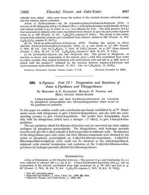889. 4-Pyrones. Part IV. Preparation and reactions of some 4-pyridones and thiopyridones
