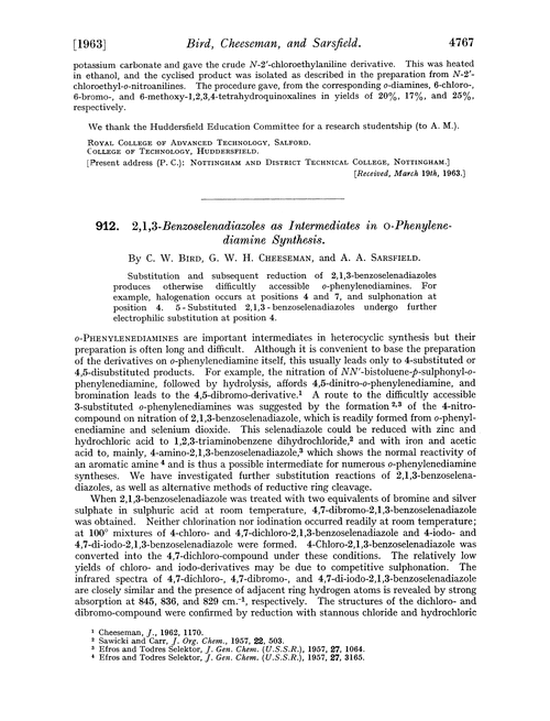 912. 2,1,3-Benzoselenadiazoles as intermediates in o-phenylenediamine synthesis