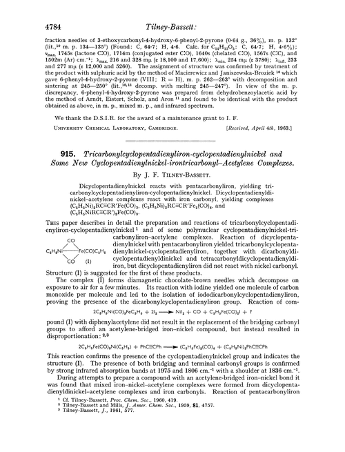 915. Tricarbonylcyclopentadienyliron-cyclopentadienylnickel and some new cyclopentadienylnickel-irontricarbonyl–acetylene complexes