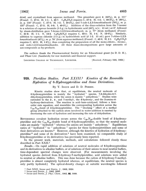 918. Pteridine studies. Part XXIII. Kinetics of the reversible hydration of 6-hydroxypteridine and some derivatives