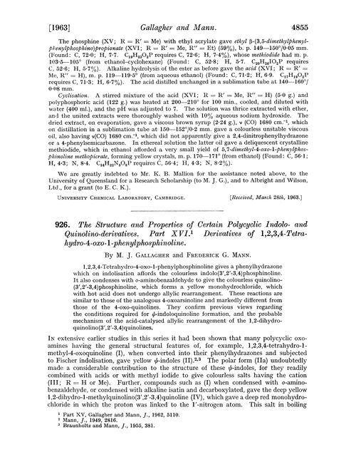 926. The structure and properties of certain polycyclic indolo- and quinolino-derivatives. Part XVI. Derivatives of 1,2,3,4-tetrahydro-4-oxo-1-phenylphosphinoline