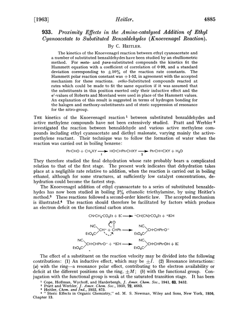 933. Proximity effects in the amine-catalysed addition of ethyl cyanoacetate to substituted benzaldehydes (Knoevenagel reaction)