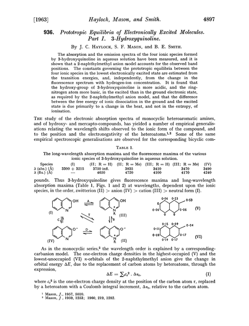 936. Prototropic equilibria of electronically excited molecules. Part I. 3-Hydroxyquinoline