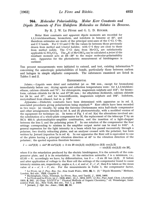 944. Molecular polarisability. Molar Kerr constants and dipole moments of five haloform molecules as solutes in benzene