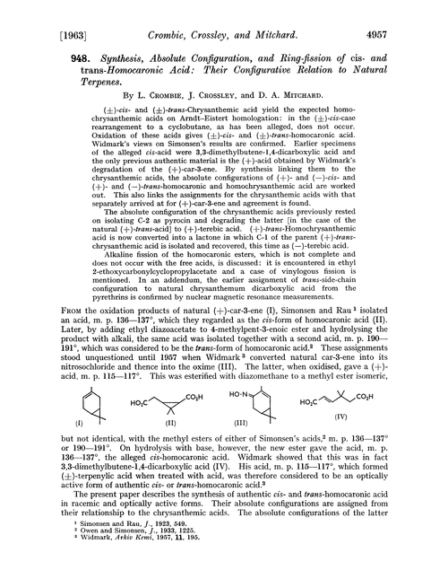 948. Synthesis, absolute configuration, and ring-fission of cis- and trans-homocaronic acid: their configurative relation to natural terpenes