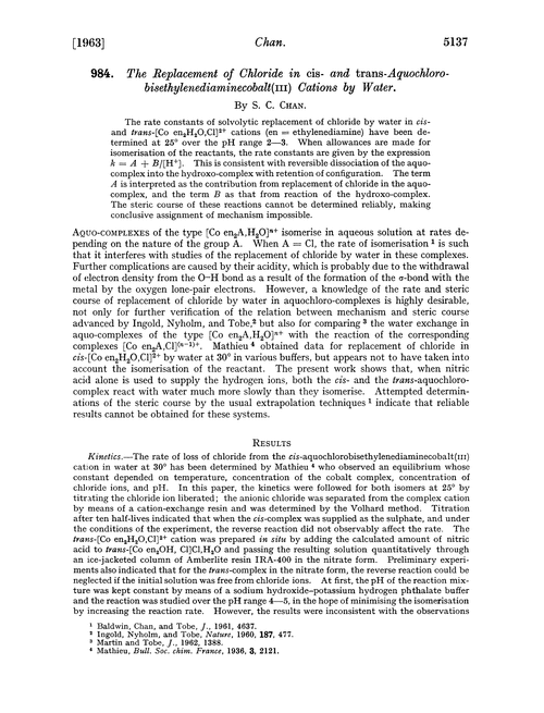 984. The replacement of chloride in cis- and trans-aquochlorobisethylenediaminecobalt(III) cations by water