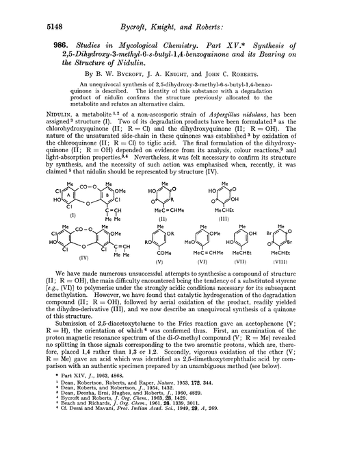986. Studies in mycological chemistry. Part XV. Synthesis of 2,5-dihydroxy-3-methyl-6-s-butyl-1,4-benzoquinone and its bearing on the structure of nidulin