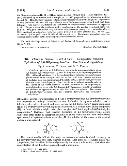 987. Pteridine studies. Part XXIV. Competitive covalent hydration of 2,6-dihydroxypteridine: kinetics and equilibria