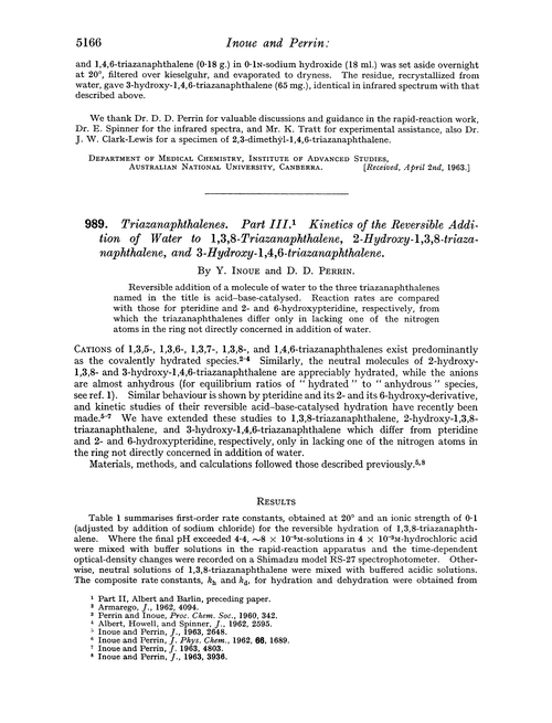 989. Triazanaphthalenes. Part III. Kinetics of the reversible addition of water to 1,3,8-triazanaphthalene, 2-hydroxy-1,3,8-triazanaphthalene, and 3-hydroxy-1,4,6-triazanaphthalene