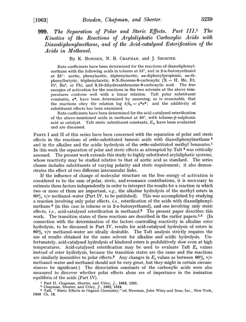 999. The separation of polar and steric effects. Part III. The kinetics of the reactions of arylaliphatic carboxylic acids with diazodiphenylmethane, and of the acid-catalysed esterification of the acids in methanol