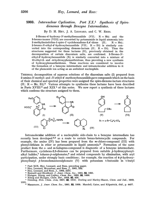 1003. Internuclear cyclisation. Part XX. Synthesis of spiro-dienones through benzyne intermediates