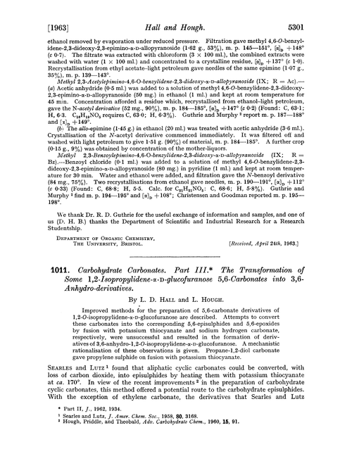 1011. Carbohydrate carbonates. Part III. The transformation of some 1,2-isopropylidene-α-D-glucofuranose 5,6-carbonates into 3,6-anhydro-derivatives