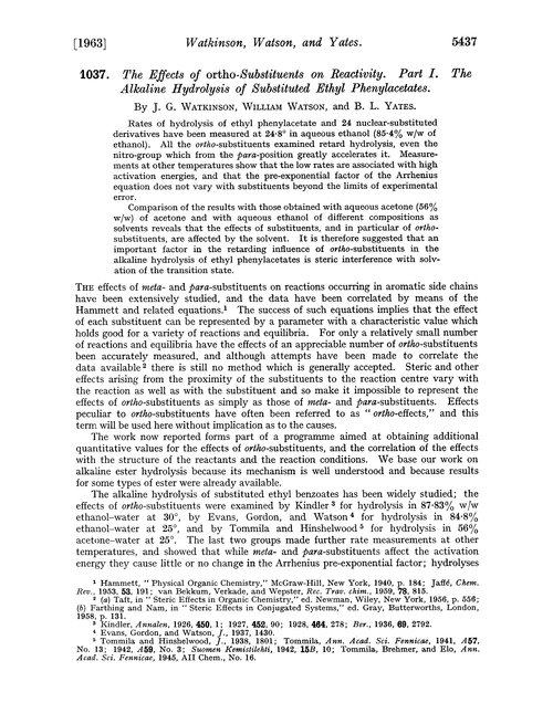 1037. The effects of ortho-substituents on reactivity. Part I. The alkaline hydrolysis of substituted ethyl phenylacetates