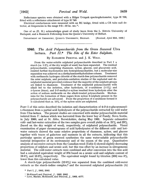 1040. The acid polysaccharide from the green seaweed Ulva lactuca. Part II. The site of the ester sulphate