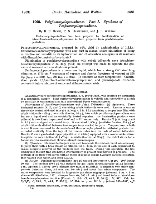 1068. Polyfluorocyclopentadienes. Part I. Synthesis of perfluorocyclopentadiene