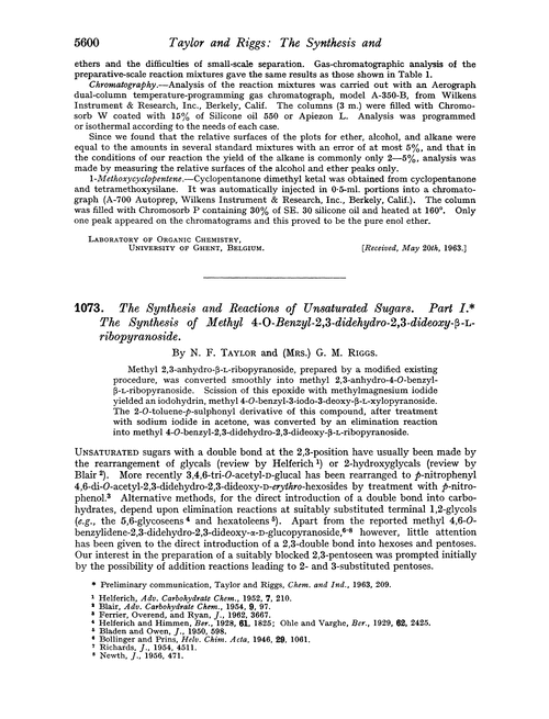 1073. The synthesis and reactions of unsaturated sugars. Part I. The synthesis of methyl 4-O-benzyl-2,3-didehydro-2,3-dideoxy-β-L-ribopyranoside