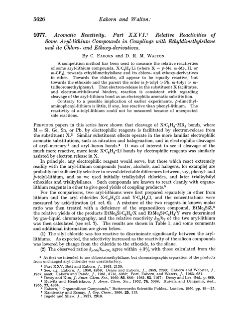 1077. Aromatic reactivity. Part XXVI. Relative reactivities of some aryl-lithium compounds in couplings with ethyldimethylsilane and its chloro- and ethoxy-derivatives