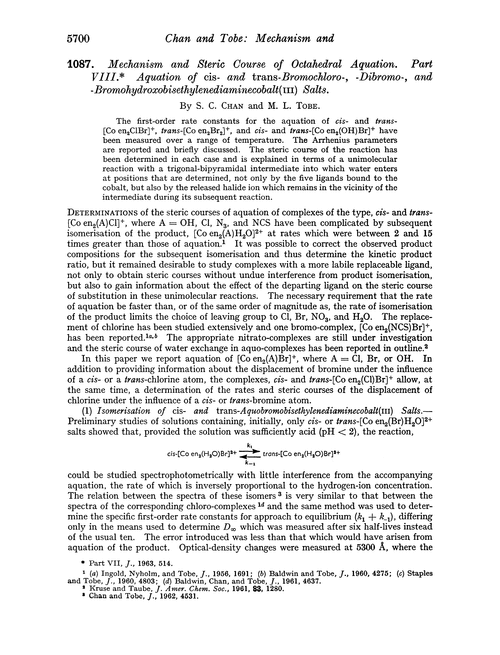 1087. Mechanism and steric course of octahedral aquation. Part VIII. Aquation of cis- and trans-bromochloro-, -dibromo-, and -bromohydroxobisethylenediaminecobalt(III) salts