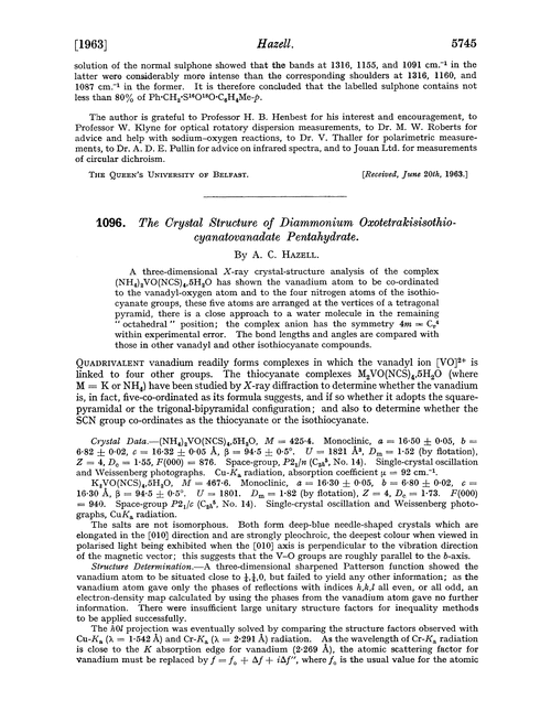 1096. The crystal structure of diammonium oxotetrakisisothiocyanatovanadate pentahydrate