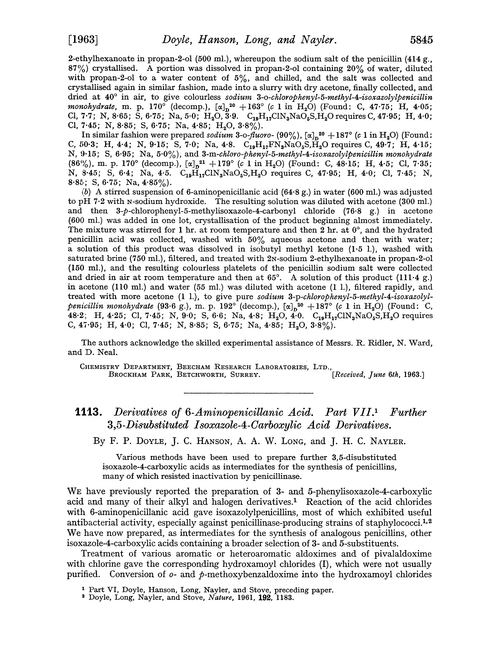 1113. Derivatives of 6-aminopenicillanic acid. Part VII. Further 3,5-disubstituted isoxazole-4-carboxylic acid derivatives