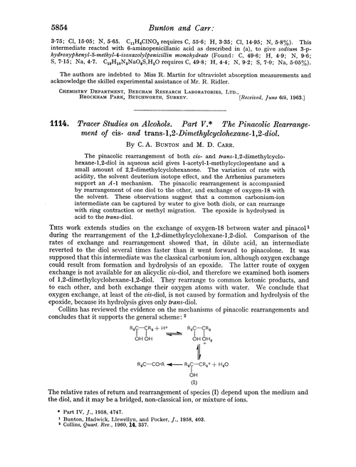 1114. Tracer studies on alcohols. Part V. The pinacolic rearrangement of cis- and trans-1,2-dimethylcyclohexane-1,2-diol