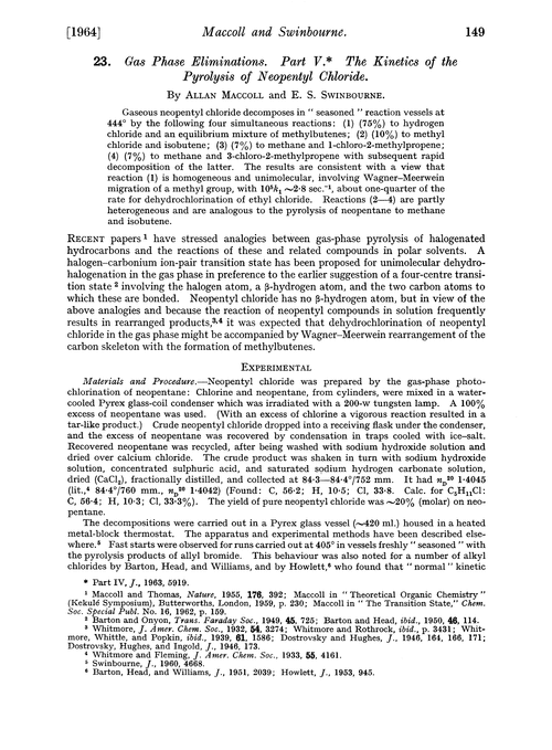 23. Gas phase eliminations. Part V. The kinetics of the pyrolysis of neopentyl chloride