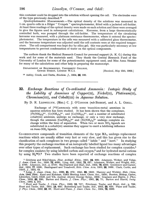 32. Exchange reactions of Co-ordinated ammonia: isotopic study of the lability of ammines of copper(II), nickel(II), platinum(II), chromium(III), and cobalt(III) in aqueous solution