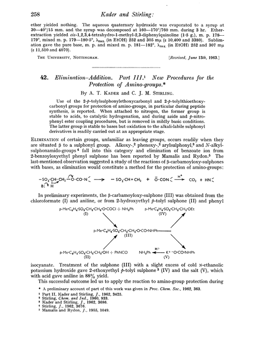 42. Elimination–addition. Part III. New procedures for the protection of amino-groups