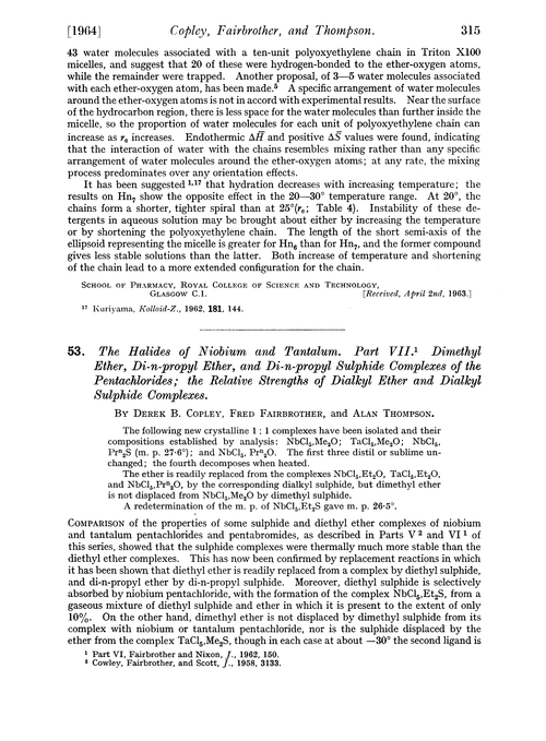 53. The halides of niobium and tantalum. Part VII. Dimethyl ether, di-n-propyl ether, and di-n-propyl sulphide complexes of the pentachlorides; the relative strengths of dialkyl ether and dialkyl sulphide complexes