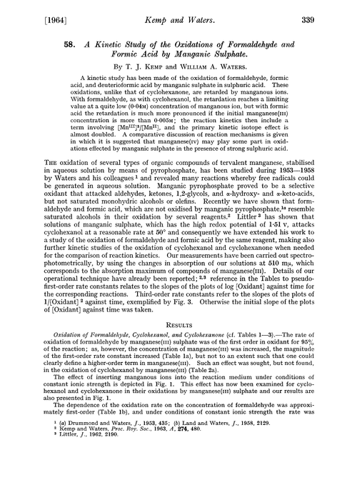 58. A kinetic study of the oxidations of formaldehyde and formic acid by manganic sulphate