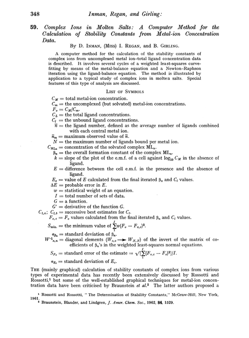 59. Complex ions in molten salts: a computer method for the calculation of stability constants from metal-ion concentration data