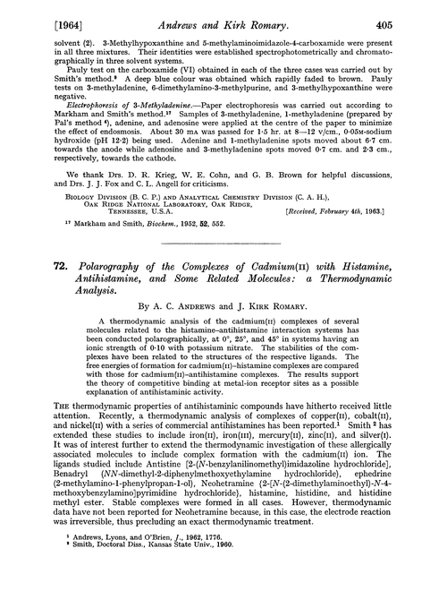 72. Polarography of the complexes of cadmium(II) with histamine, antihistamine, and some related molecules: a thermodynamic analysis
