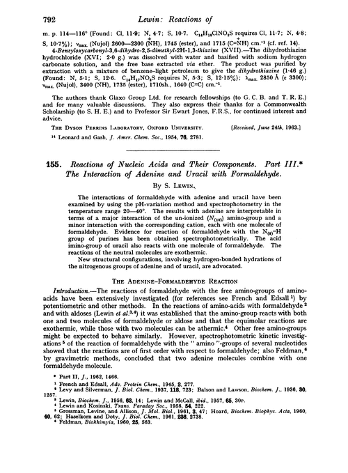 155. Reactions of nucleic acids and their components. Part III. The interaction of adenine and uracil with formaldehyde