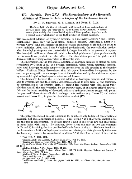 170. Steroids. Part XX. The stereochemistry of the homolytic addition of thioacetic acid to olefins of the cholestane series