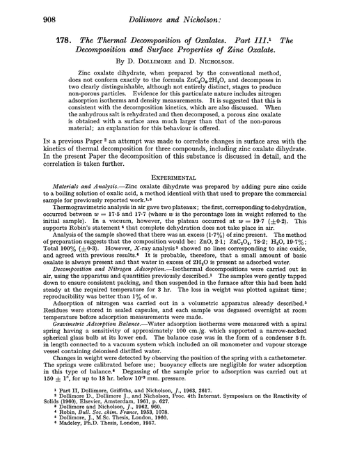 178. The thermal decomposition of oxalates. Part III. The decomposition and surface properties of zinc oxalate