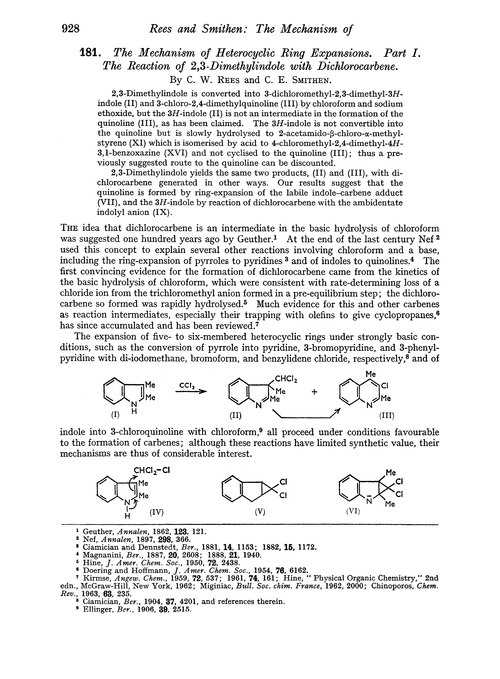 181. The mechanism of heterocyclic ring expansions. Part I. The reaction of 2,3-dimethylindole with dichlorocarbene