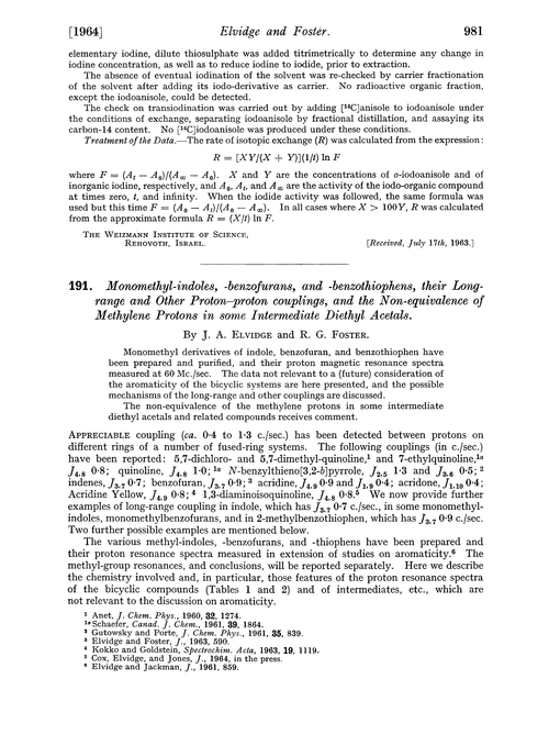 191. Monomethyl-indoles, -benzofurans, and -benzothiophens, their long-range and other proton–proton couplings, and the non-equivalence of methylene protons in some intermediate diethyl acetals