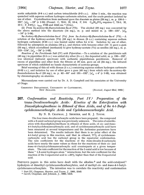 207. Conformation and reactivity. Part IV. Preparation of the trans-decalincarboxylic acids: kinetics of the esterification with diazodiphenylmethane in ethanol of these acids, and of the 4-t-butyl-cyclohexanecarboxylic acids and cyclohexanecarboxylic acid