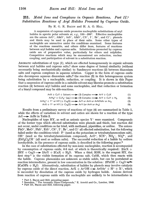 211. Metal ions and complexes in organic reactions. Part II. Substitution reactions of aryl halides promoted by cuprous oxide