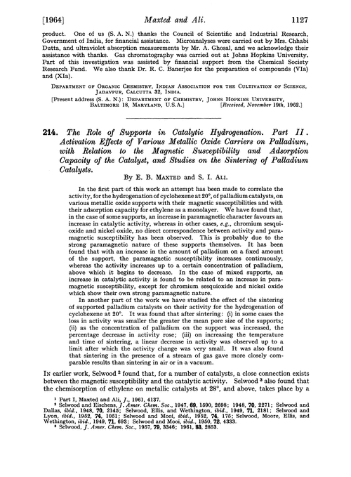 214. The role of supports in catalytic hydrogenation. Part II. Activation effects of various metallic oxide carriers on palladium, with relation to the magnetic susceptibility and adsorption capacity of the catalyst, and studies on the sintering of palladium catalysts