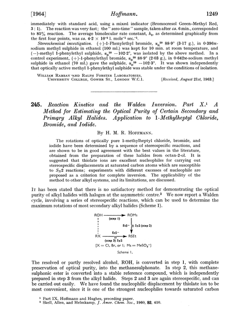 245. Reaction kinetics and the walden inversion. Part X. A method for estimating the optical purity of certain secondary and primary alkyl halides. Application to 1-methylheptyl chloride, bromide, and iodide