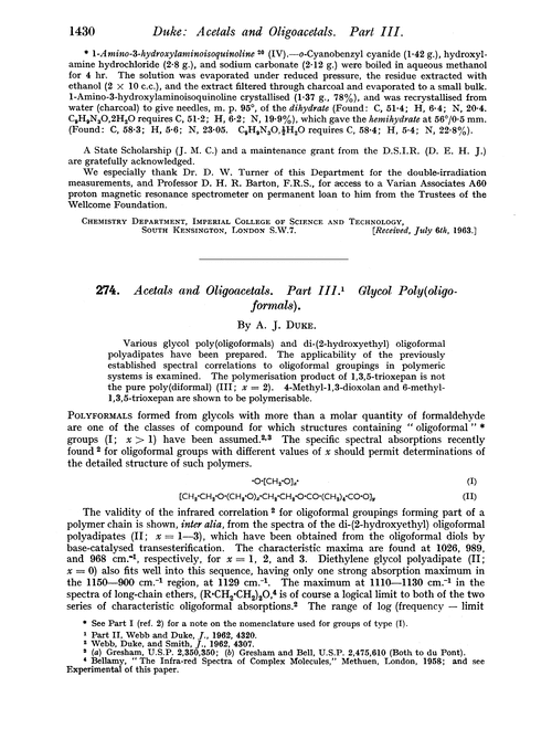 274. Acetals and oligoacetals. Part III. Glycol poly(oligoformals)