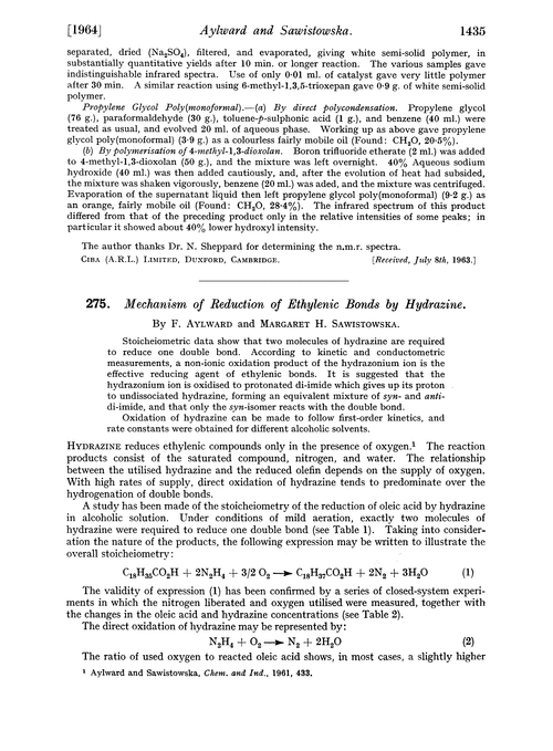 275. Mechanism of reduction of ethylenic bonds by hydrazine